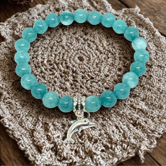 Blue Larimar Gemstone Charm Bracelet - 8mm Stretchy Crystal Jewelry - Picture 2 of 6